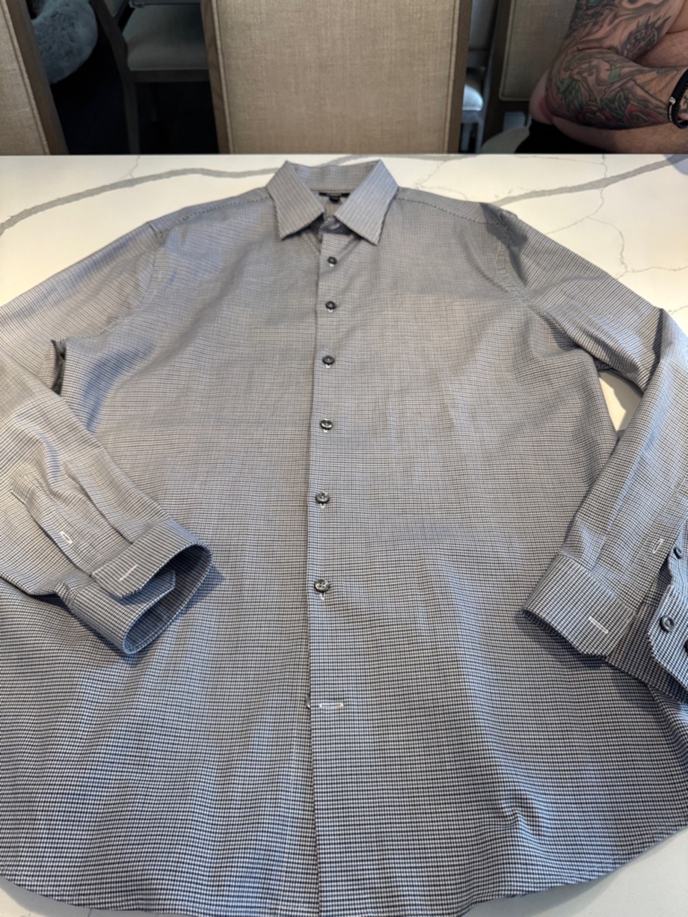 Express Men's Gray and White Micro-Check Dress Shirt